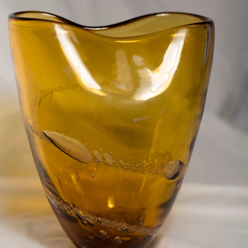 Golden Amber Glass Vase with Trapped Bubbles